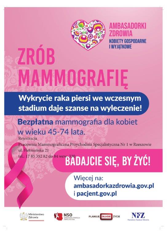 Plakat Ambasadorki zdrowia kobiety gospodarne i wyjątkowe - zrób mammografie. Program skierowany jest do kobiet w wieku od 45 do 74 lat, które w etapie podstawowym programu raka piersi uzyskały nieprawidłowy wynik badania mammograficznego.Pracownia Mammograficzna Przychodni Specjalistycznej Nr 1 przy ul. Hetmańskiej 21. 17 85 352 82 do 84 wew. 330 